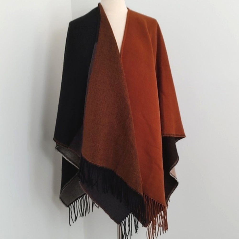 A New Day Womans Black and Brown Plaid Color block Fringed Cape/One size